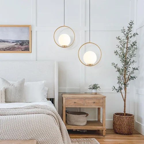 Miniatura 6 de KCO Moderna lámpara colgante de globo dorado con 1 luz individual de cristal blanco para isla de cocina, lámpara colgante ajustable de mediados