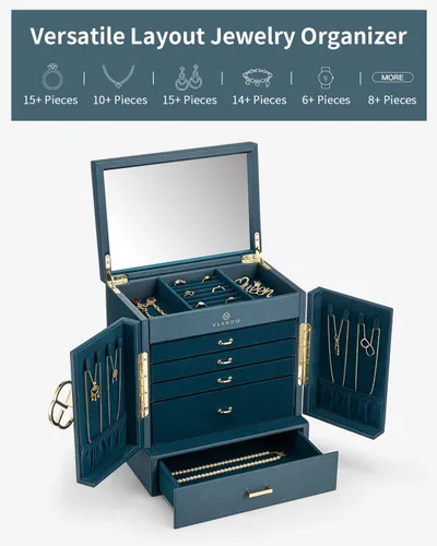 Miniatura 6 de Vlando Joyero grande, cajas de joyería y organizadores de 6 niveles, estuche de almacenamiento de joyas con espejo con 5 cajones, reloj de piel