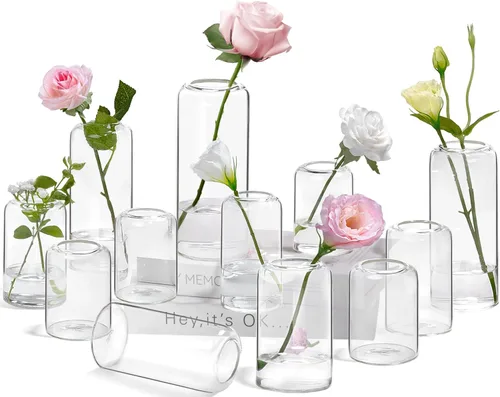 ZENS Juego de jarrones de botones en flor al por mayor de 12, jarrones de vidrio pequeños modernos transparentes para centro de mesa de boda, jarrón