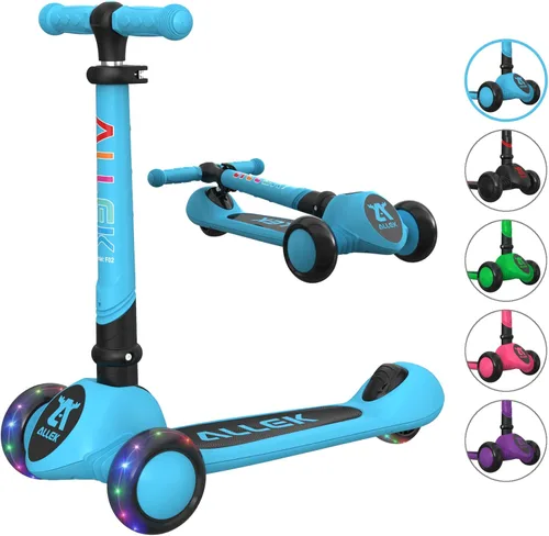 Allek - Patinete plegable F02, patín de 3 ruedas con luces LED intermitentes y 4 alturas ajustables con cubierta antideslizante gruesa para niños de