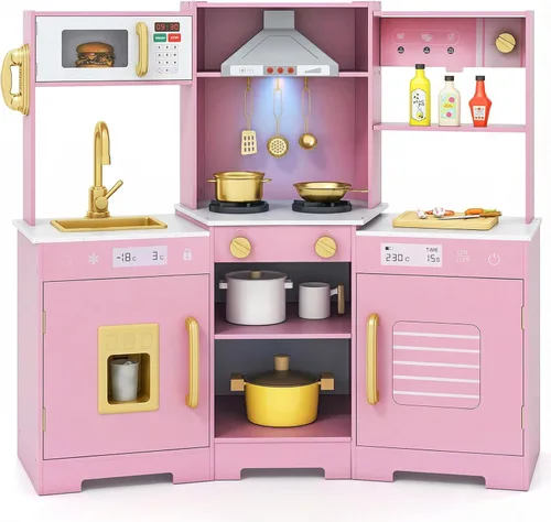 Miniatura 13 de HONEY JOY Cocina de Jugar de Rincón, Juego de Cocina de Madera para Niños Pequeños con Luces, Cafetera, Microondas, Fregadero, Grifo, Juego