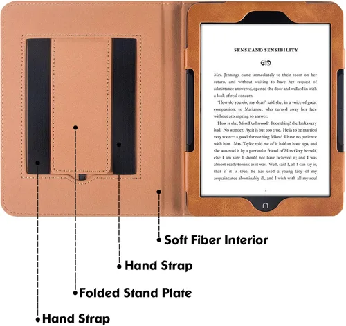 Miniatura 6 de Funda para Nook GlowLight 4 Plus de 7.8 pulgadas (2023) Soporte plegable integrado y correa de mano Estilo libro Funda de piel sintética Marrón