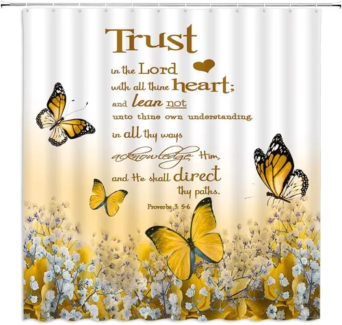 Miniatura 6 de GCTNBJL Cortina de ducha con cita inspiradora, diseño de mariposa y flores azules y verde azulado con texto en inglés "Trust in the Lord