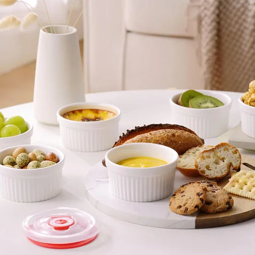 Miniatura 9 de Dafuceramic Ramequines con tapas, de 8 onzas, color blanco, creme Brulee, moldes de cerámica aptos para horno, juego de 6 natillas de porcelana