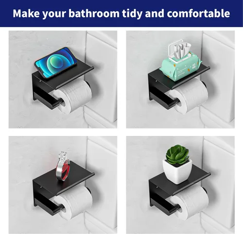 Miniatura 7 de GLNLQ Soporte de papel higiénico negro mate con estante, se adapta a Mega Rollos, acero inoxidable a prueba de óxido, soporte de rollo de papel