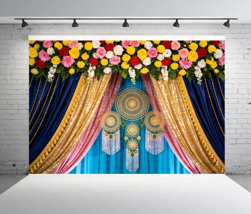 Miniatura 3 de Renaiss Telón de fondo indio Pooja de 5 x 3 pies, cortina de matrimonio de flores coloridas de macramé, caléndula de macramé, fondo de fotografía