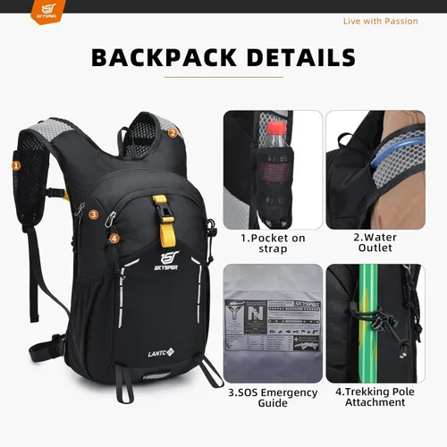 Miniatura 4 de SKYSPER Mochila de senderismo pequeña – Mochila de viaje de 15 L, ligera, resistente al agua, mochilas de senderismo para mujeres y hombres, Negro