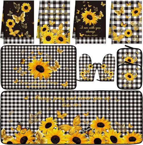 Fourluoo Juego de 10 piezas de decoración y accesorios de cocina de girasol, diseño de búfalo blanco y negro, juego de manoplas de horno y soportes