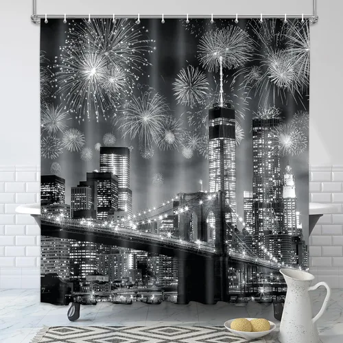 Miniatura 9 de Cortina de ducha Lalumix negra floral, cortinas de ducha con flores para baño con 12 ganchos, juegos de cortinas de ducha de tela de poliéster