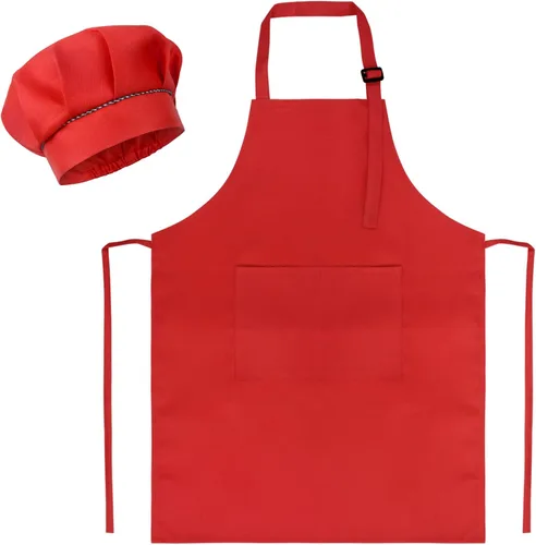 SUNLAND Juego de delantal y gorro para niños, delantal de chef para niños para cocinar, hornear y pintar Rojo