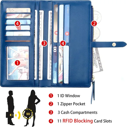 Miniatura 25 de Billeteras delgadas para mujer, tarjetero RFID plegable con bolsillo con cremallera, Mandala azul, Delgado