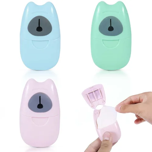 Miniatura 7 de KISEER 1 caja (50 hojas), mini hojas de papel de jabón portátil de viaje, desechables, para lavado de manos, baño, jabón de papel perfumado para Azul