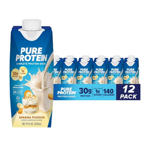 Pure Protein Batido de Proteína Completa, Pudín de Plátano, 30g de Bebida Alta en Proteína, Menos de 1g de Azúcar, 3g de Fibra, Listo para Beber,