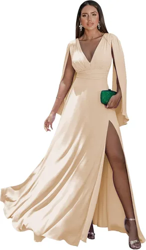 Miniatura 14 de Women's Long Sleeve Bridesmaid Dresses V-Neck Chiffon Ruched Formal Dress Evening Gown with Slit
