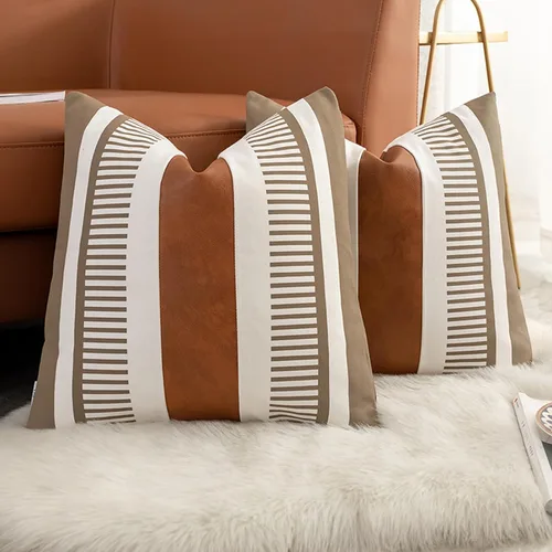 Miniatura 19 de Funda de almohada bohemia de color blanco y negro con piel, funda de cojín moderna de 22 x 22 pulgadas, funda de almohada de rayas estilo campestre
