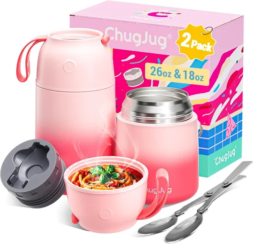 Miniatura 13 de Paquete de 2 termos para comida caliente para adultos y niños, boca ancha, tarro de alimentos aislado al vacío con cuchara, termo de sopa a prueba