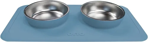 Miniatura 4 de Ono Good Bowl - Comedero doble para alimentos y agua, tapete de silicona antideslizante para mascotas pequeñas a medianas y cuencos de acero azul