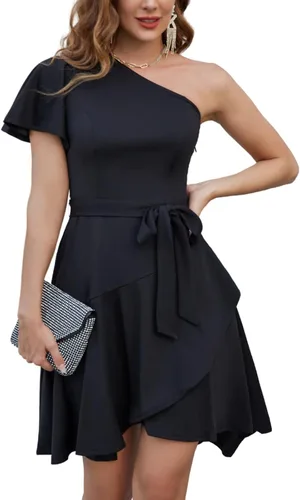 GRACE KARIN Vestido de verano para mujer, elegante vestido de cóctel de un hombro, con volantes, manga corta, acampanado, vestido de fiesta