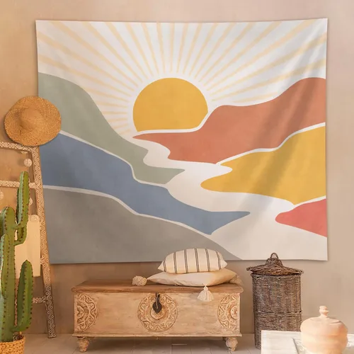 SUOTEMEIFEI Tapiz bohemio de sol de montaña, arte simple, diseño de amanecer, naturaleza, puesta de sol, paisaje, abstracto, estético, decoración de