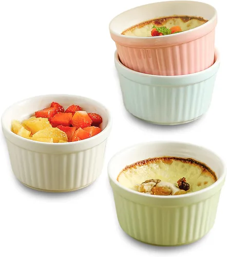 Juego de 4 moldes de cerámica para hornear y postres, cuencos de porcelana aptos para horno para crema brulee, souffles, pudines y salsas, tazas