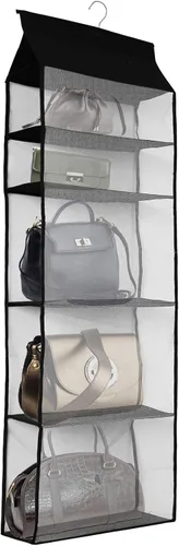 Miniatura 10 de Soporte para bolso de armario, bolso colgante que ahorra espacio, organizador de bolsa con 4 estantes grandes de malla resistente para armario