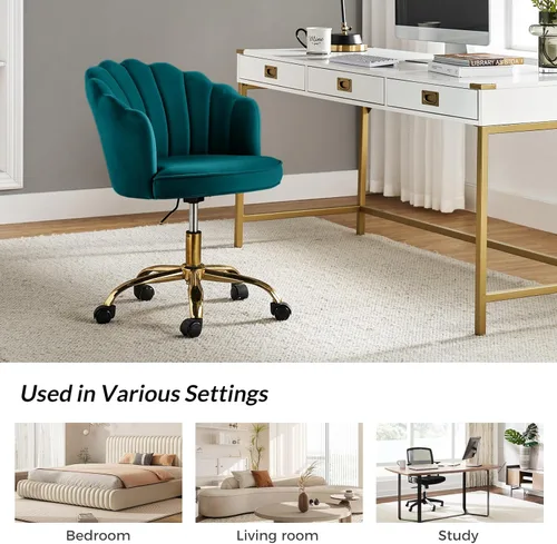 Miniatura 7 de HULALA HOME Silla de Oficina en Casa de Terciopelo con Base Dorada, Silla Moderna y Linda de Espuma para Mujer con Respaldo en Concha para Tocador