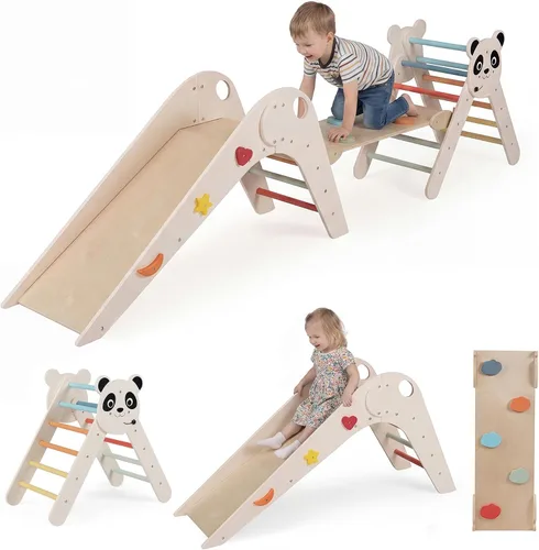Miniatura 10 de GLACER Pikler - Juego de triángulos Montessori con temática de panda, juguetes de escalada para niños pequeños con escalera, túnel, tobogán, rampa