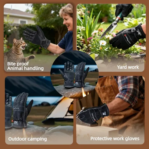 Miniatura 8 de Guantes de trabajo de cuero de vaca para hombres, resistentes para jardinería, patio, paisajismo, soldadura, mecánica, construcción, campamento
