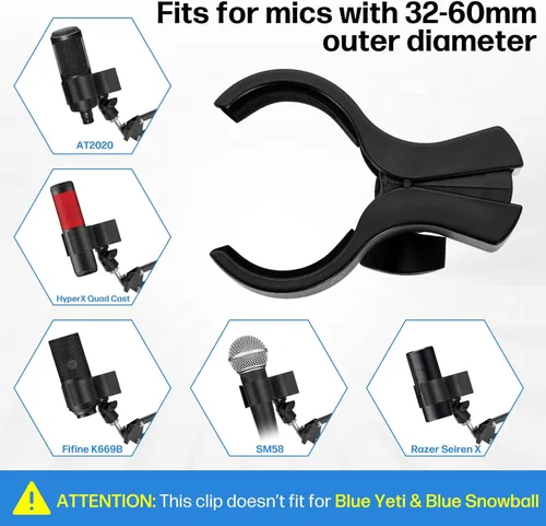 Miniatura 7 de BILIONE 2 piezas de clip versátil para micrófono, soporte ajustable para micrófonos con rango de diámetro exterior de 1.26" desde 2.3", con Negro