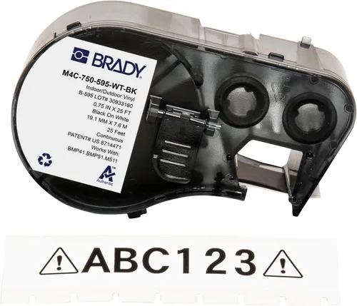 Brady Auténticas etiquetas de vinilo para todo tipo de clima (M4C-750-595-WT-BK) de 0.75 pulgadas de ancho x 25 pies, color negro sobre blanco. Para