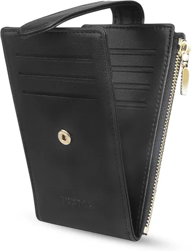 FUNTOR - Carteras pequeñas para mujer, soporte delgado y plegable para tarjetas de crédito con bolsillo para monedas con cremallera, A: Negro,