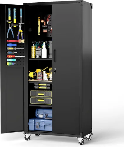 Miniatura 13 de Armario de almacenamiento de metal para garaje con ruedas, gabinete rodante con cerradura para herramientas con cajón y estantes, gabinete móvil