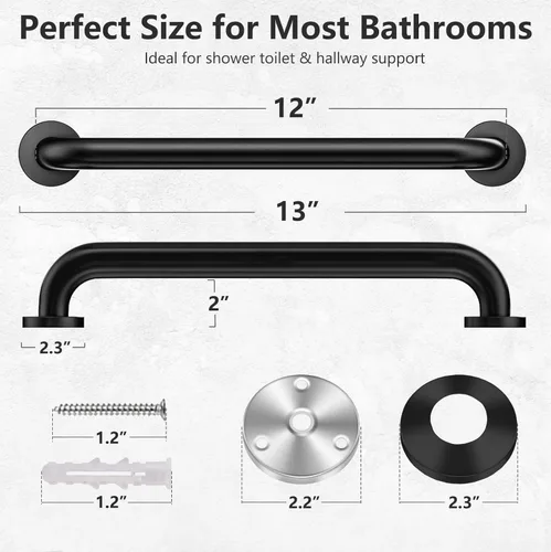 Miniatura 2 de Un paquete de barra de agarre de ducha negra mate de 12 pulgadas de acero inoxidable de seguridad para duchas, barra de equilibrio de baño