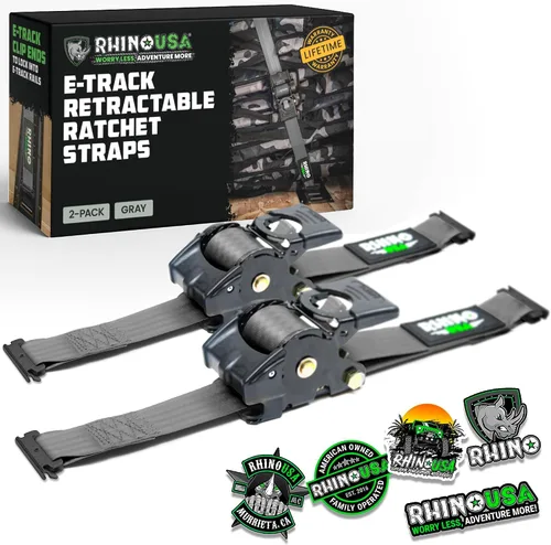 Miniatura 12 de Rhino USA Correas de trinquete retráctiles E-Track de 2 x 10 pies: resistencia máxima a la rotura de 3033 libras Compatible solo con sistemas
