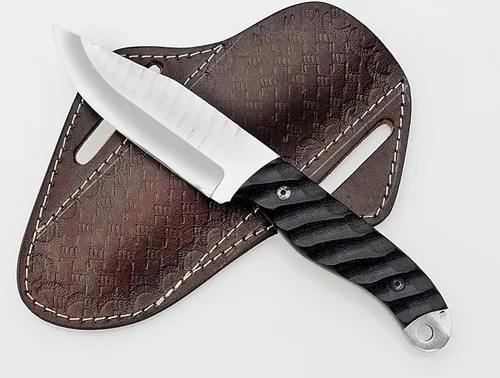 Miniatura 4 de Cuchillo de caza hecho a mano de acero de alto carbono con mango de micarta negro y funda de cuero - Herramienta de campamento y supervivencia