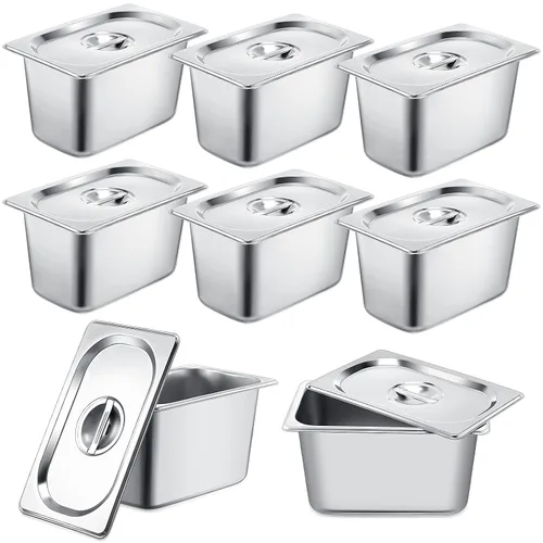 Miniatura 8 de Paquete de 8 sartenes de vapor inoxidable para hotel, 6 bandejas de vapor profundo con tapa de 0.031 in de grosor, acero inoxidable