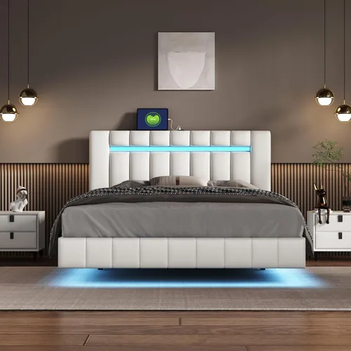 Miniatura 19 de Cama de plataforma flotante, marco de cama de madera tamaño individual con rayas claras, tela de lino suave y cabecera de diseño capitoné