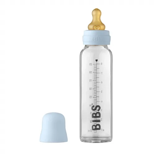 Miniatura 4 de BIBS Biberón de vidrio para bebé. Anticólico. Tetilla de látex de goma natural redonda. Respalda la lactancia natural, Juego completo - 225 ml, Azul