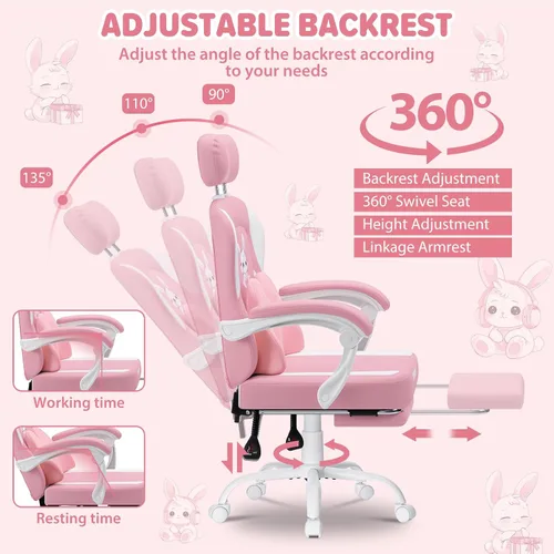 Miniatura 7 de HOFFREE Silla de juegos para computadora para niñas con lindo conejo, almohada lumbar de masaje, silla de oficina rosa para escritorio