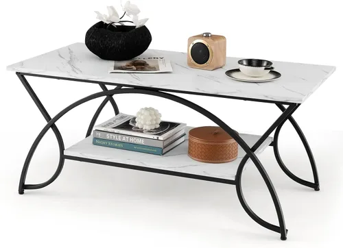 Miniatura 11 de COSTWAY Mesa auxiliar de mármol, mesa de centro moderna de mármol sintético de 2 niveles con almacenamiento y marco de metal acabado dorado, blanco