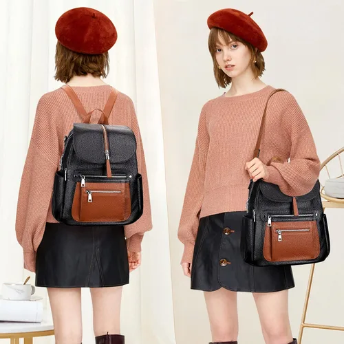 Miniatura 3 de ALTOSY Mochila de cuero para mujer, bolso casual de moda con múltiples bolsillos y solapa