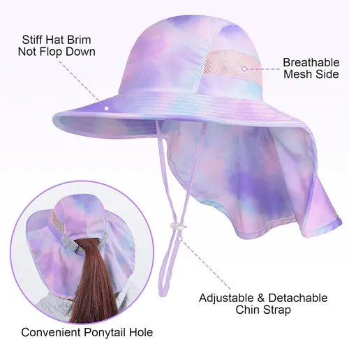 Miniatura 10 de Sombrero de sol para niños, protección UV, unicornio, verano, playa, jugar con ala ancha, solapa para el cuello para niñas y niños