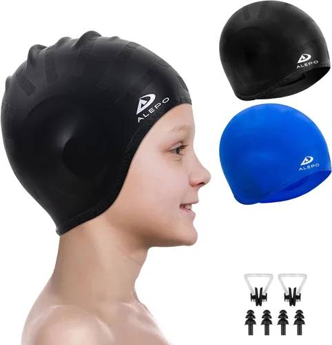 Alepo 2 Pack Kids Swim Caps for Boys Girls, Durable Silicone Swimming Cap with 3D Ear Pockets for Age 3-15 Toddler Child Youth Teen, Unisex Swim