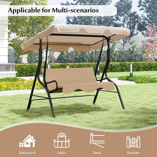 Miniatura 9 de RELAX4LIFE Silla columpio para porche para 3 personas, columpio para exteriores con toldo ajustable, cojín extraíble y soporte de marco de metal