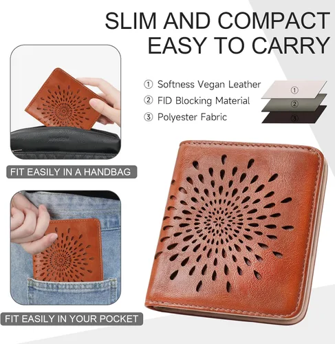 Miniatura 6 de APHISON Billetera pequeña delgada para mujeres y hombres, cartera RFID para mujer, diseño de girasol, de piel con girasol, tarjetero para tarjetas
