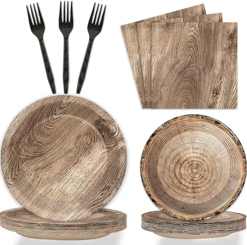 96 piezas de suministros de madera rústica para fiesta de árbol, juego de vajilla de leñador, decoración de fiesta de camping, caza, suministros de