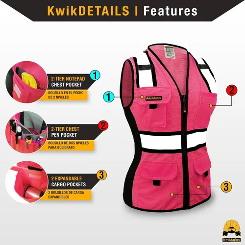 Miniatura 3 de KwikSafety - Chaleco de seguridad multicolor para mujer Chaleco reflectante de alta visibilidad de alta calidad, clase ANSI sin clasificación Rosa