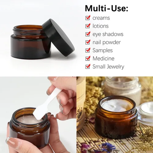 Miniatura 6 de Tarros de vidrio ámbar de 1 oz, paquete de 24 recipientes vacíos para cosméticos con tapas de rosca negras, tarros redondos recargables para loción