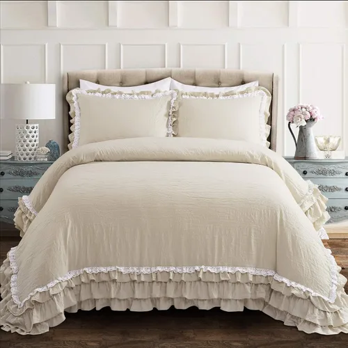 Miniatura 15 de Lush Decor Ella Colcha de Encaje con Volantes, Juego de 3 Piezas, Queen, Blanco - Bonito Juego de Cama - Ropa de Cama Queen - Ropa de Cama Blanca