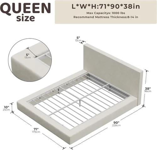 Miniatura 2 de RECCI Cloud - Base de cama Queen tapizada con cabecero, plataforma acolchada de espuma de 5 pulgadas, sin somier, fácil montaje (crema)
